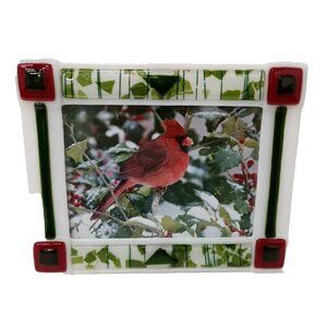 Vintage Hand Blown Art Glass Photo Frame with Cardinal Bird Picture 6x8"